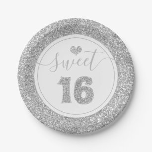 Sweet 16 Silver Faux Glitter Birthday Party Paper Plate