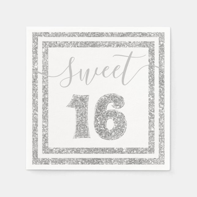 Sweet 16 Silver Faux Glitter Stripe Birthday Part Napkin (Front)