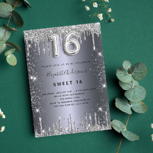 Sweet 16 silver glitter drips glamourous invitation