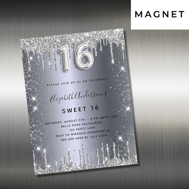 Sweet 16 silver glitter drips invitation magnet (Creator Uploaded)