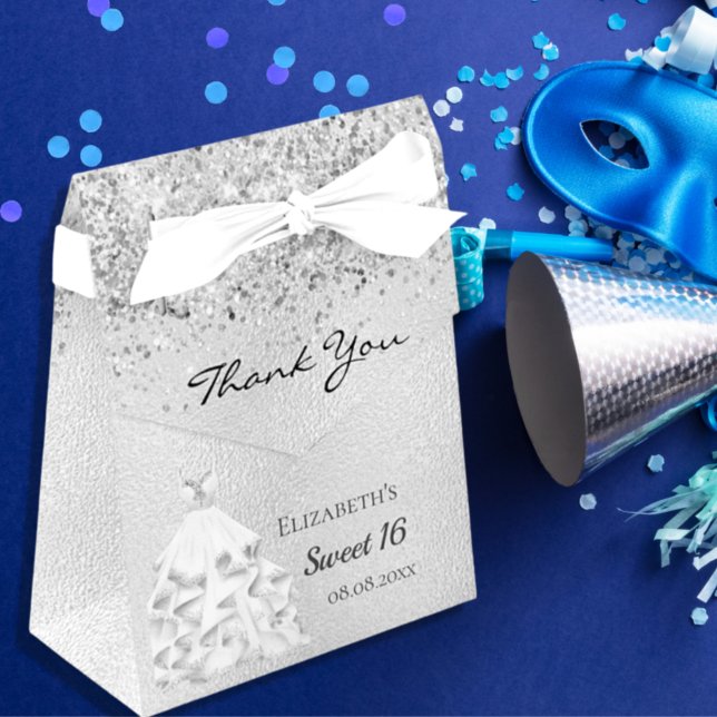 Sweet 16 silver glitter dust dress thank you favor box (Creator Uploaded)