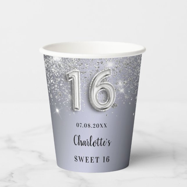 Sweet 16 silver glitter dust monogram paper cups (Front)