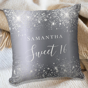 Sweet 16 silver glitter name script throw pillow