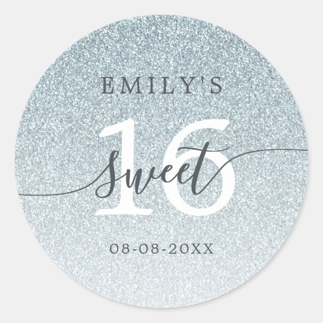 Sweet 16 Silver Glitter Ombre Custom Name Date  Classic Round Sticker (Front)