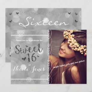 SWEET 16 Silver Glitter Party Photo Invitation
