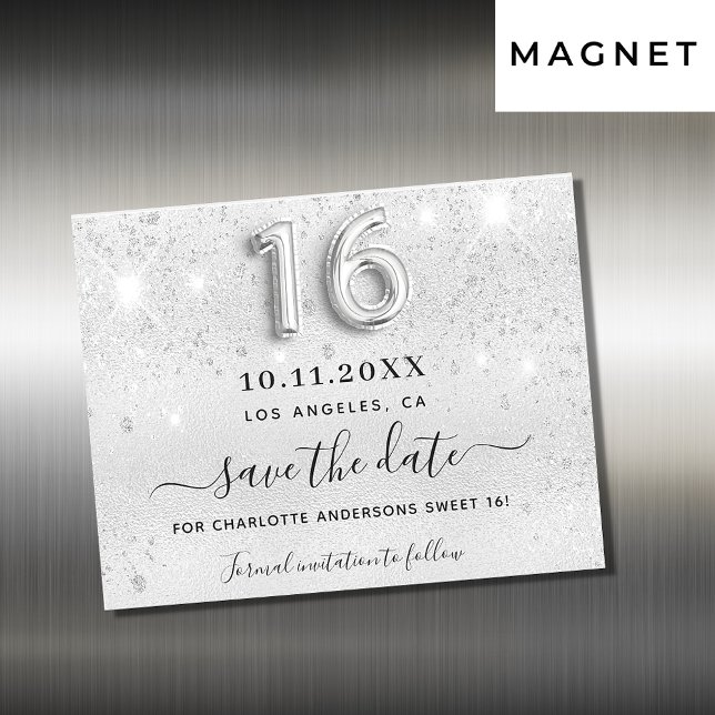 Sweet 16 silver glitter party save the date magnet (Creator Uploaded)