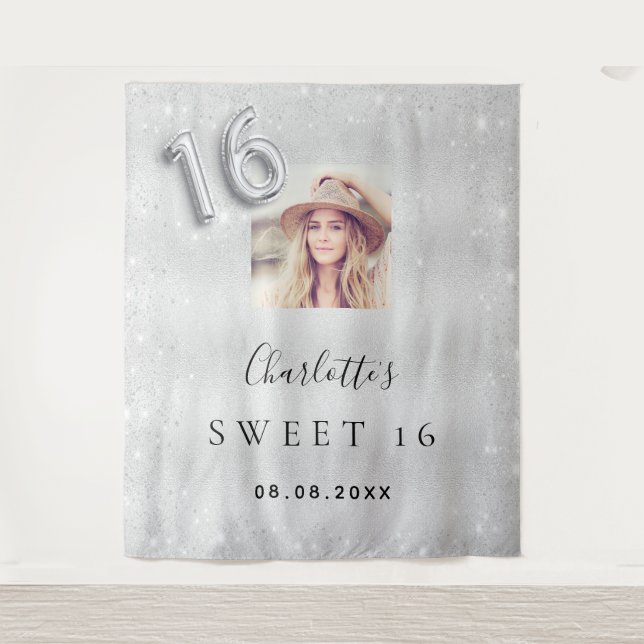 Sweet 16 silver glitter photo welcome tapestry (Front)