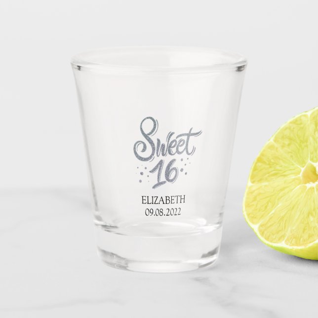 Sweet 16 Silver Glitter Shot Glass (Front)