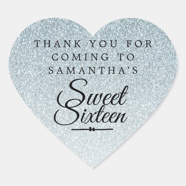 Sweet 16 Silver Glitter Thank You Custom Name Heart Sticker (Front)