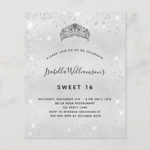 Sweet 16 silver glitter tiara invitation