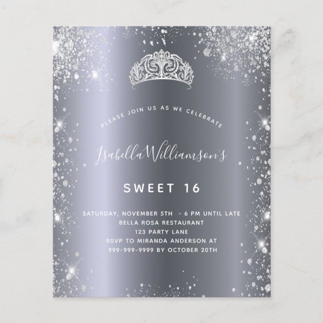 Sweet 16 silver glitter tiara invitation (Front)
