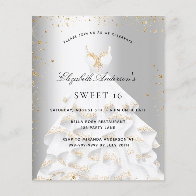 Sweet 16 silver gold dress invitation (Front)