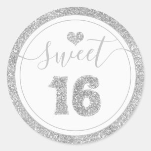 Sweet 16 Silver Grey Faux Glitter Heart Birthday Classic Round Sticker
