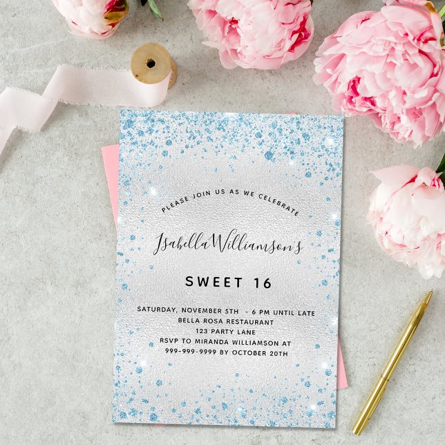 Sweet 16 silver light blue glitter invitation (Creator Uploaded)