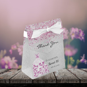 Sweet 16 silver pink glitter dress thank you favor box