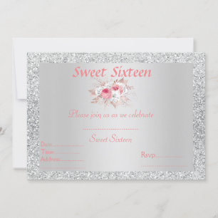 Sweet 16 silver pink peach floral invitation