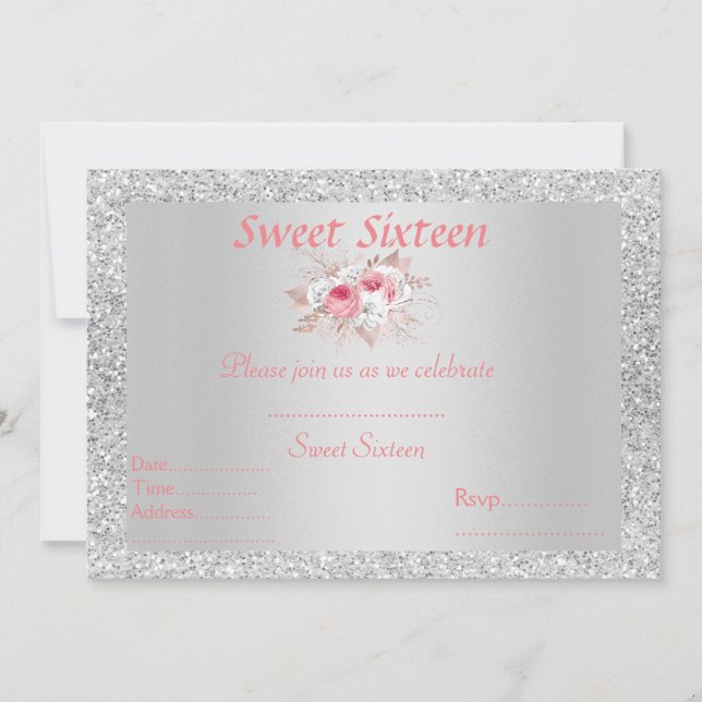Sweet 16 silver pink peach floral invitation (Front)