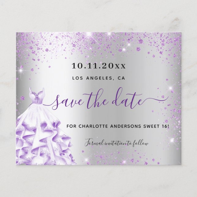 Sweet 16 silver purple dress budget save the date flyer (Front)