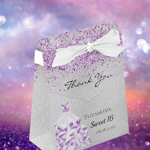Sweet 16 silver purple glitter dress thank you favor box