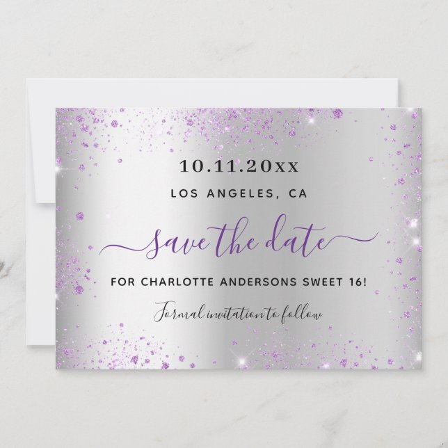 Sweet 16 silver purple save the date (Front)