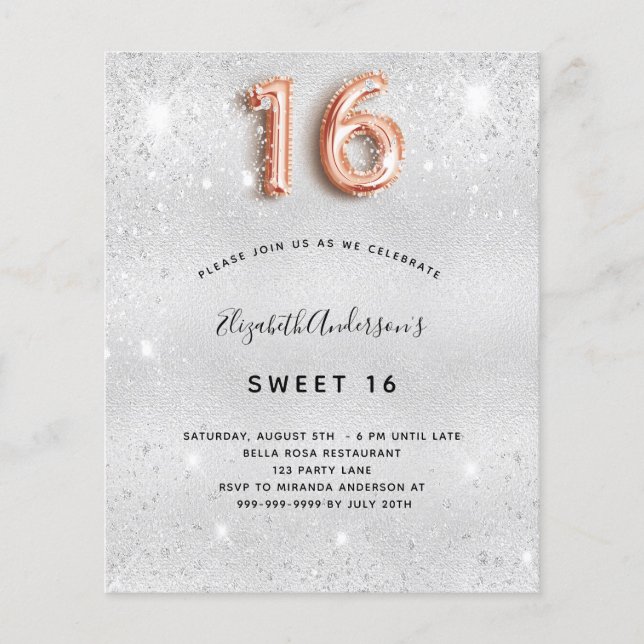 Sweet 16 silver rose gold budget invitation (Front)
