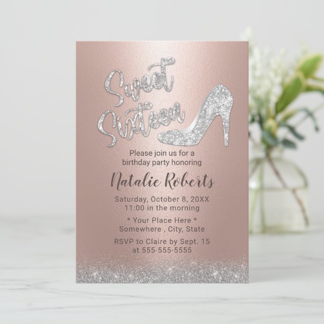 Sweet 16 Silver & Rose Gold Glitter Girl Birthday Invitation (Standing Front)