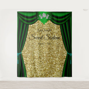 Sweet 16 Silver Rose Green Curtain Gold Glitter Tapestry