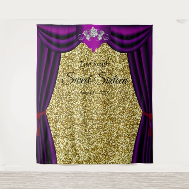 Sweet 16 Silver Rose Purple Curtain Gold Glitter Tapestry (Front)