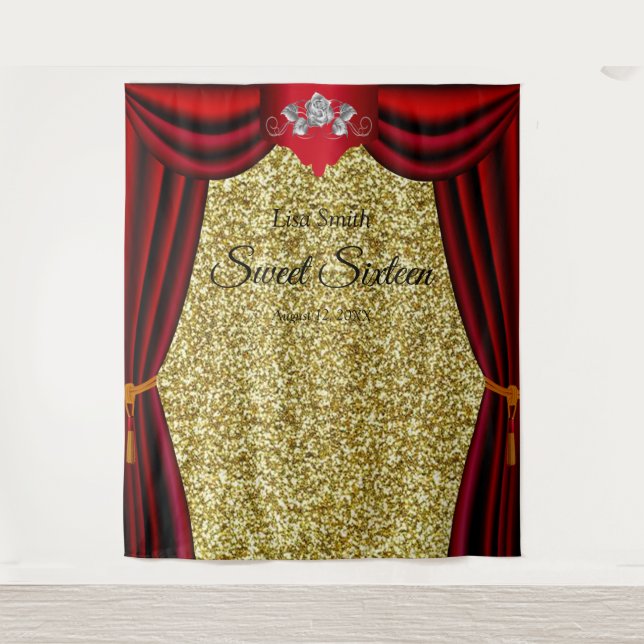 Sweet 16 Silver Rose Red Curtain Gold Glitter Tapestry (Front)