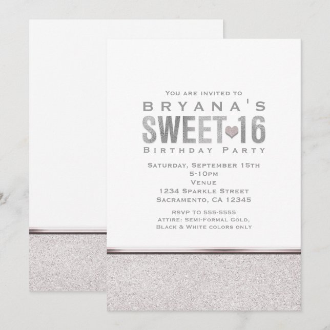 SWEET 16 Silver Sparkle Glam Party Invitations (Front/Back)