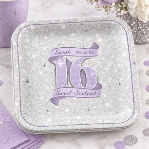 Sweet 16 Silver & Star Pattern Violet ID1333 Paper Plate