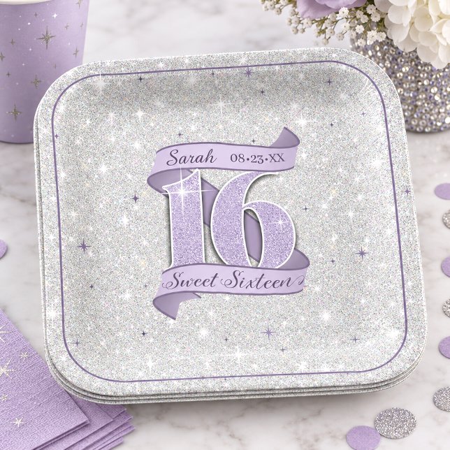 Sweet 16 Silver & Star Pattern Violet ID1333 Paper Plate (Creator Uploaded)