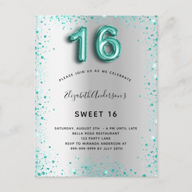 Sweet 16 silver teal glitter elegant invitation postcard (Front)