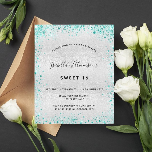 Sweet 16 silver teal glitter invitation (Creator Uploaded)