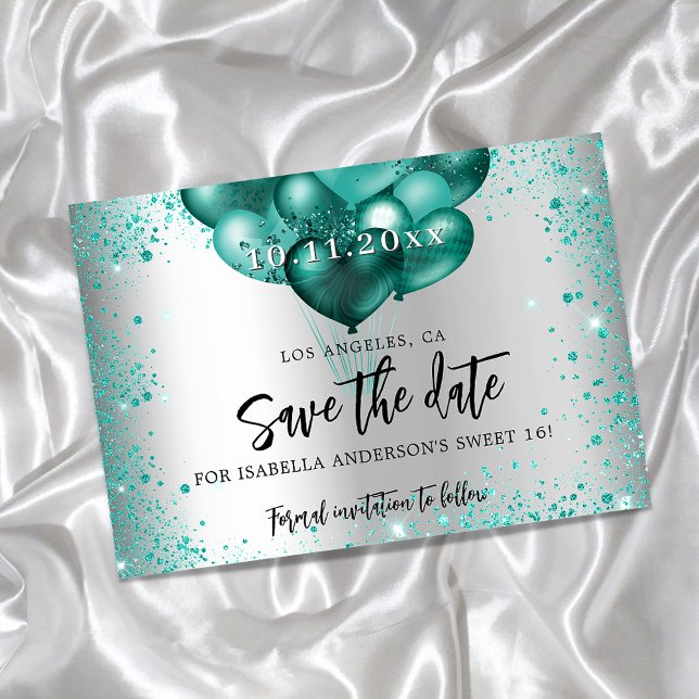 Sweet 16 silver teal green balloons save the date announcement postcard (Creator Uploaded)