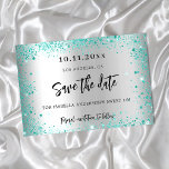 Sweet 16 silver teal green glitter save the date announcement postcard<br><div class="desc">A girly and trendy Save the Date for a Sweet 16,  16th birthday party. A faux silver looking background decorated with teal,  green faux glitter dust. Personalize and add a date and name/age. The text: Save the Date is written with a large trendy hand lettered style script.</div>