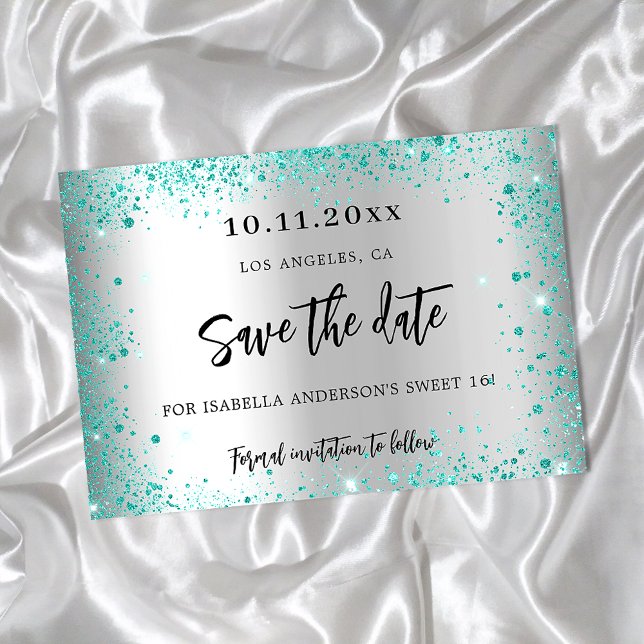 Sweet 16 silver teal green glitter save the date announcement postcard (Creator Uploaded)