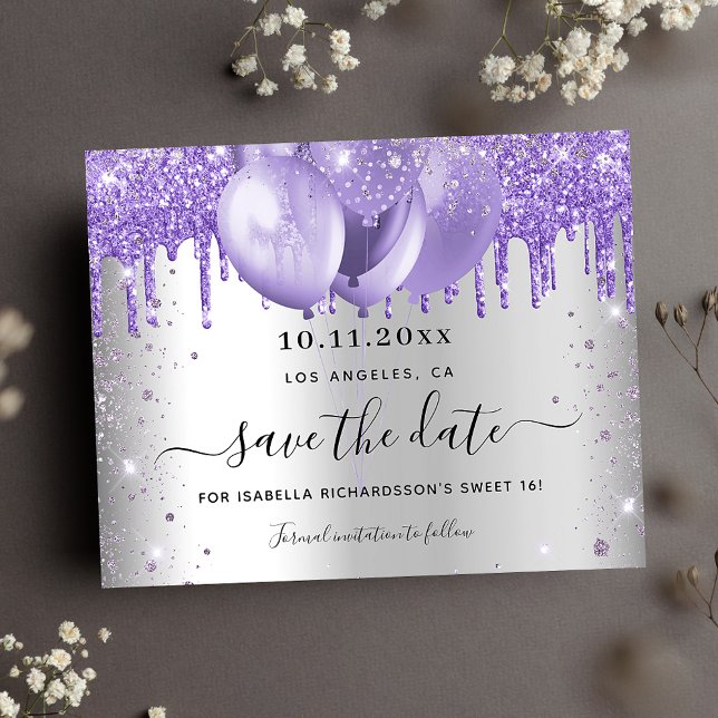 Sweet 16 silver violet budget save the date flyer (Creator Uploaded)
