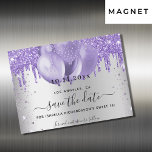Sweet 16 silver violet save the date magnet card<br><div class="desc">A faux silver looking background decorated with violet,  lavender coloured faux glitter and balloons.  Personalize and add a date and name/age. The text: Save the Date is written with a large trendy hand lettered style script.</div>