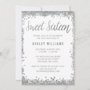Sweet 16 Silver White Faux Glitter Birthday Invitation