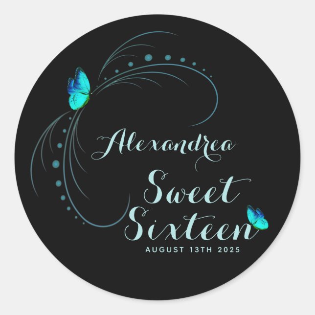 Sweet 16 Sixteen Birthday Blue Butterfly Classic Round Sticker (Front)
