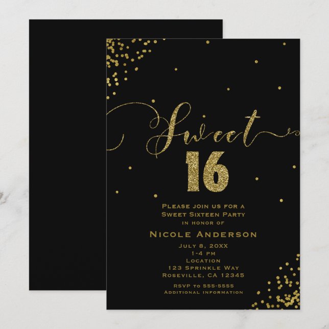 SWEET 16 Sixteen Black & Gold Confetti Corners Invitation (Front/Back)