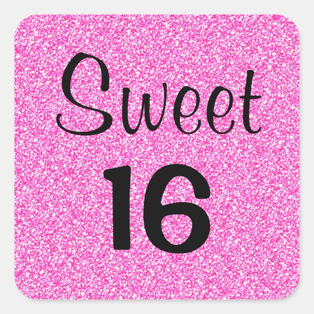 Sweet 16 Sixteen Black & Hot Pink Glitter Sparkle Square Sticker (Front)