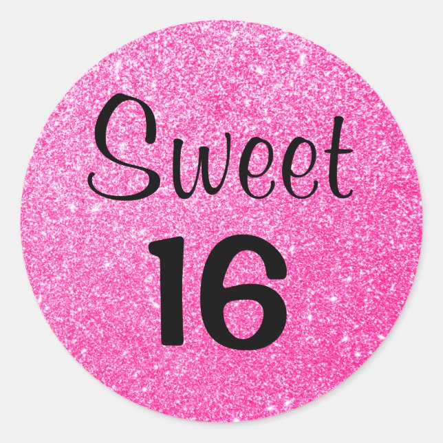 Sweet 16 Sixteen Black & Hot Pink Glitter Sparkles Classic Round Sticker (Front)