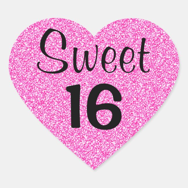 Sweet 16 Sixteen Black & Hot Pink Glitter Sparkles Heart Sticker (Front)