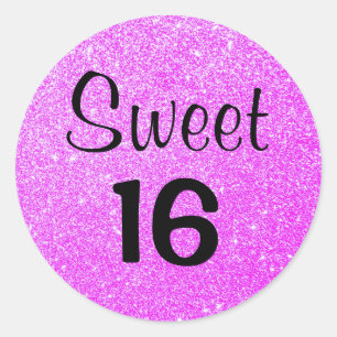 Sweet 16 Sixteen Black & Purple Glitter Sparkles Classic Round Sticker