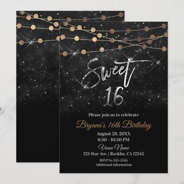 Sweet 16 Sixteen Black Silver Gold Sparkle Lights Invitation (Front/Back)