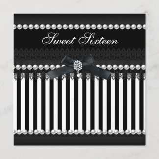 Sweet 16 Sixteen Black White Stripe Pearl Lace Invitation