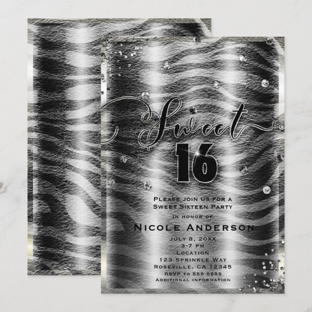 SWEET 16 Sixteen Black White Zebra & Silver Bling Invitation (Front/Back)