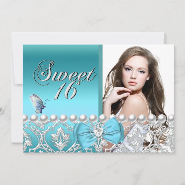 Sweet 16 Sixteen Blue Damask Butterfly Add Photo Invitation (Front)